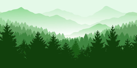 Serene green mountain landscape with layered pine forest silhouette and foggy background