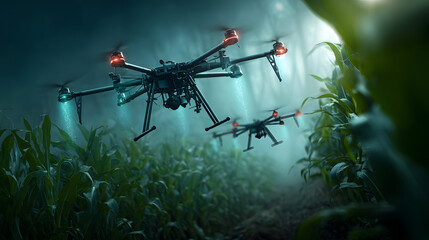 The advanced drones spraying crops in a lush green crnfield landscape