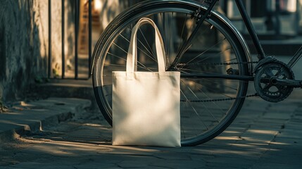 A cloth bag stands in front of a bicycle wheel outdoors in sunlight.