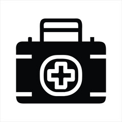Black and white icon of a first aid kit with a medical cross
