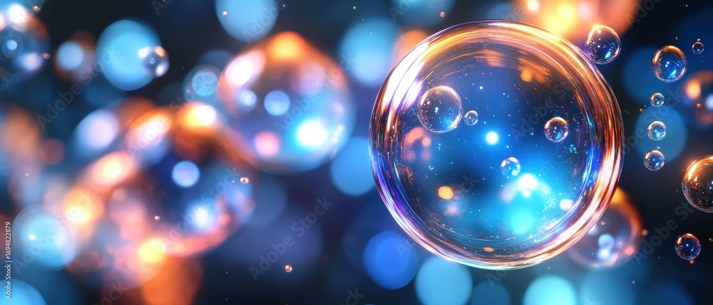 Poster a vibrant close-up of colorful bubbles floating against a blurred background, creating a dreamy and 