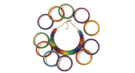 Colorful beaded necklace surrounded by rainbow-colored rubber bands.