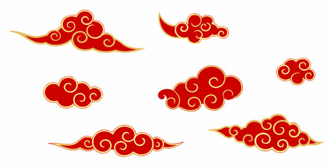 Collection of traditional red and gold chinese clouds isolated on a white background