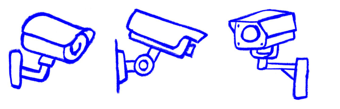 External Security Camera Icons Crayon Chalk Drawing Doodle Vector Set