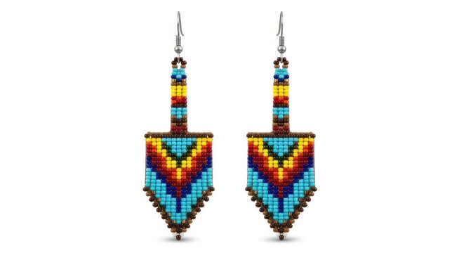 A pair of long, colorful beaded earrings with a geometric, Indigenous-style pattern, dangling against a clean white background.