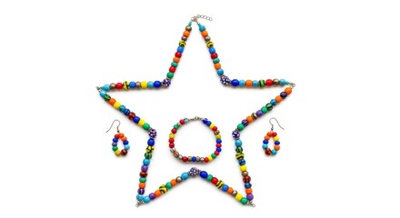 A vibrant, multicolored beaded jewelry set featuring a necklace arranged in a star shape, a matching bracelet, and a pair of earrings on a white background.