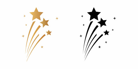 Golden and black shooting stars fireworks bursting with trails and sparkles on white background
