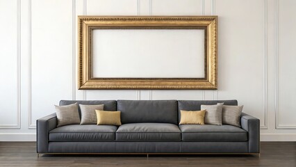 Oversized horizontal framed artwork hangs above a sleek modern gray sofa in a stylish room