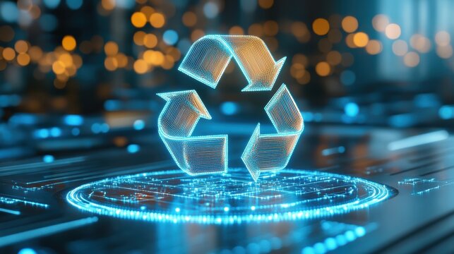 A glowing, futuristic recycling symbol is displayed against a blurred digital background, representing sustainability and technology.