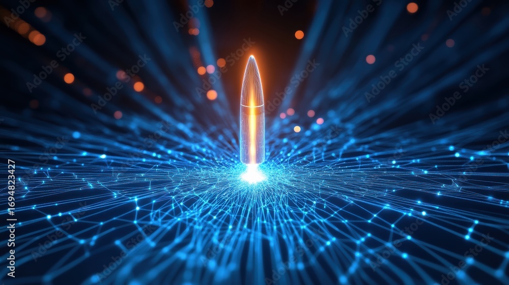 Poster a futuristic image of a bullet emitting energy waves in a digital space, showcasing a blend of techn