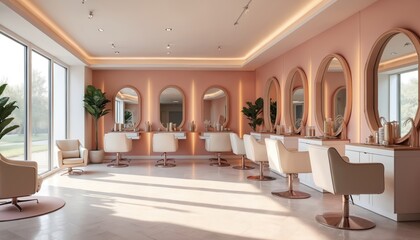 Modern UK hair salon features open floor plan with four styling stations, large mirrors. Comfortable seating area, clean design, elegant decor create luxurious pampering experience. Business offers