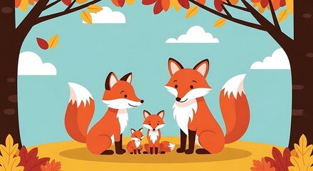 Fox Family Autumn Forest Illustration.