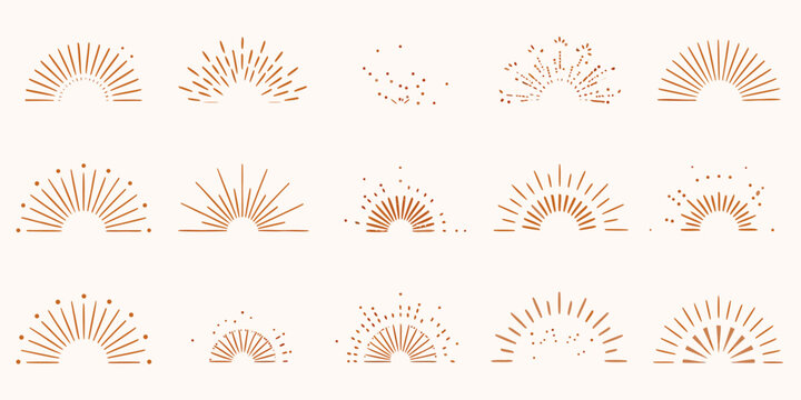 Collection of abstract sunburst and sunrise semicircles in warm terracotta color on a cream background
