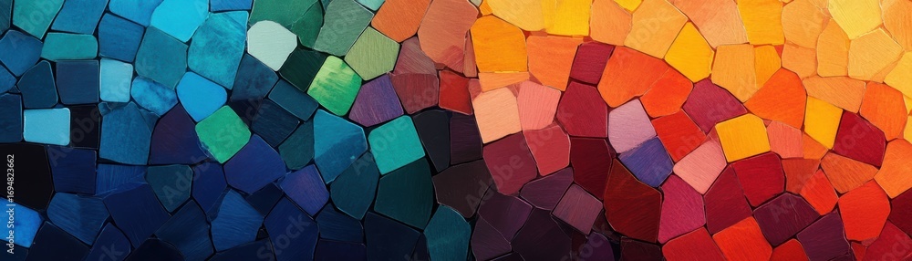 Poster a vibrant mosaic design featuring a gradient of colors, transitioning from cool blues to warm orange