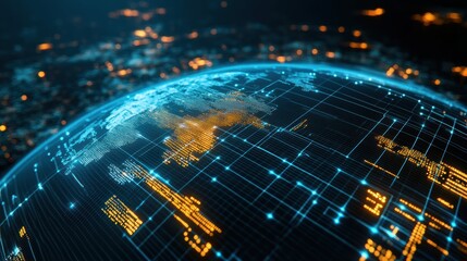 A futuristic digital representation of Earth highlighting interconnected networks, illuminated by glowing nodes and lines.