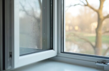 Modern aluminum window frame with tempered glass, insect screen offers architectural detail, excellent visibility. Clean, high-tech design suits contemporary homes, buildings, quality construction,