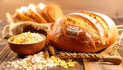 Fresh baked bread with cereal and wheat on a rustic wooden table