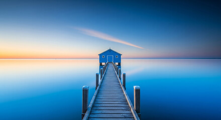 Obraz premium A solitary wooden jetty with a small blue boat house at the end stretches out into a calm, serene ocean under a vibrant blue and orange twilight sky, creating a peaceful and tranquil atmosphere
