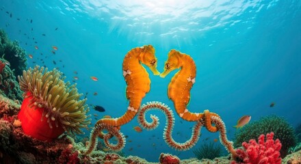 Two orange seahorses face each other with prehensile tails coiled on a vibrant coral reef surrounded by an anemone fish and sunlit water
