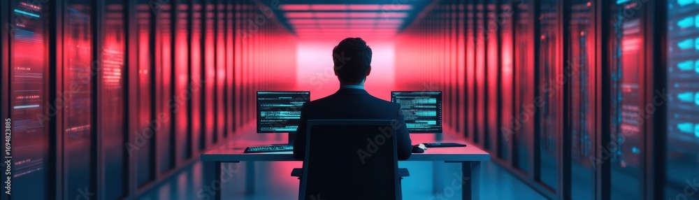 Poster a person sits in a server room surrounded by glowing data screens, creating a futuristic and technol