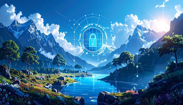 Serene landscape with digital security overlay