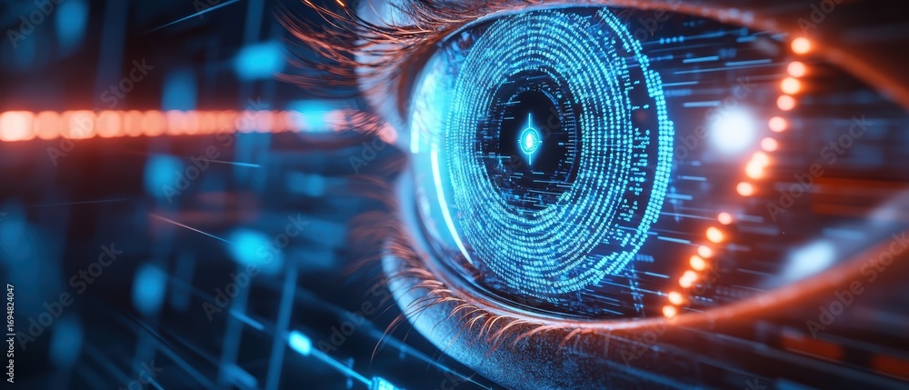 Poster a close-up of a futuristic eye with digital patterns, representing technology and the intersection o