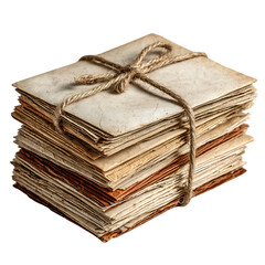 Stack of aged and tied letters isolated on transparent background.