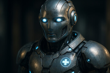 Futuristic Medical Robot with Glowing Eyes and Armor