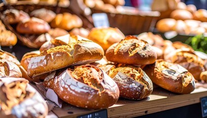 Fresh baked loaves of bread on a market stall