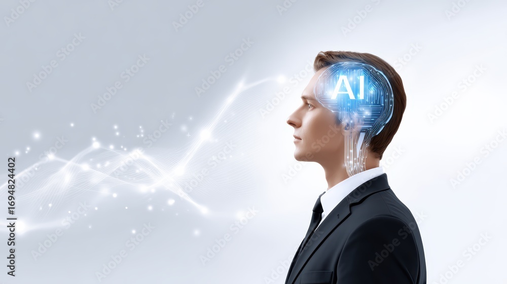 Poster a futuristic image of a man in a suit with a digital brain representing artificial intelligence, sym