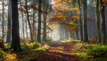 Fototapeta premium Sunlight streams through a serene autumnal forest, illuminating a path lined with tall trees and colorful foliage.