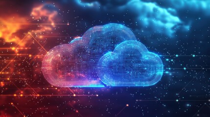 Obraz premium A futuristic illustration of digital clouds with vibrant colors, representing cloud computing and technology amidst a cosmic background.