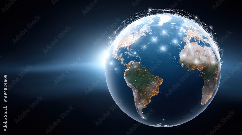 Poster a digital rendering of earth, showcasing continents illuminated by city lights and interconnected wi