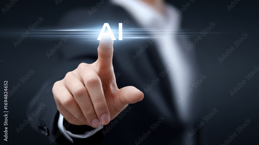 Poster a business professional interacts with an illuminated 