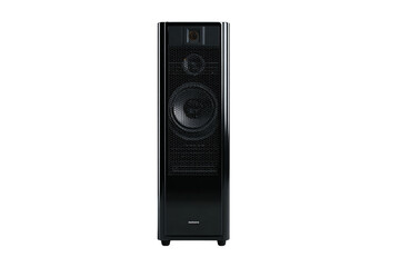 Obraz premium Sleek Vertical Black Tower Speaker with Glossy Finish and Front Mesh Panel, Isolated Front View on Transparent Background 