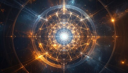 A mesmerizing, intricate design featuring a golden, geometric circle within a dark space, filled with glowing lines and points, creating a sense of vastness and mystery.