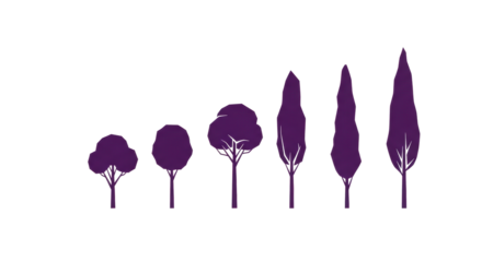 Six distinct, uniform deep purple geometric tree silhouettes, subtly ascending height, isolated on transparent background, minimalist vector art. Concept for abstract graphic design