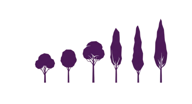 Six distinct, uniform deep purple geometric tree silhouettes, subtly ascending height, isolated on transparent background, minimalist vector art. Concept for abstract graphic design