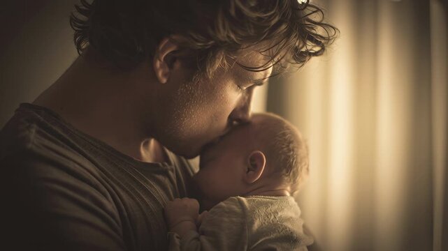 Caring father gently cradling his adorable baby while smiling with unconditional love and joy