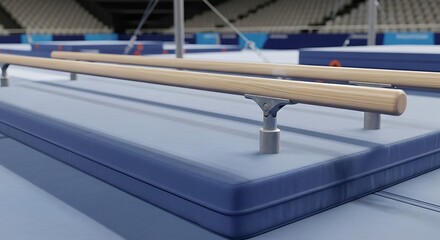 Detailed view of men's uneven parallel bars apparatus set up for athletic competition on a blue mat in a large arena stadium gymnasium