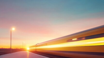 Obraz premium Bright sunset as a train speeds past at the station during twilight hours