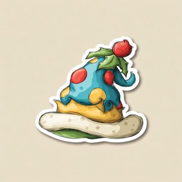 Naklejki Colorful Cartoon Character Sitting on a Green Surface With Playful Features and Vibrant Colors, Showcasing a Cheerful Design and Whimsical Style