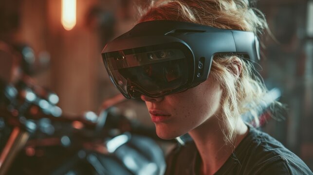 Portrait medium shot of an individual exploring diverse motorcycle customization options in a virtual reality space sharp focus on the headset and controls blurred backdrop.