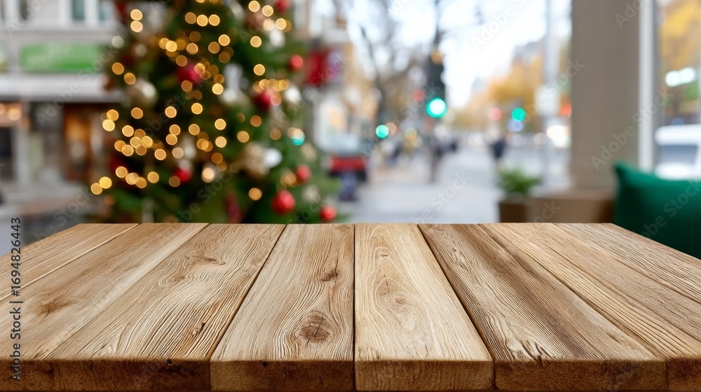 Poster wooden table with a christmas tree in the background. the table is empty and the tree is decorated w