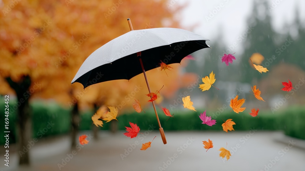 Poster black umbrella is flying through the air with a bunch of leaves falling from it. the scene is set in