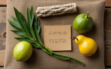Composition of Sukkot symbols: palm, willow, myrtle, etrog. Lulav on jute fabric and wood background with a copy space. High quality