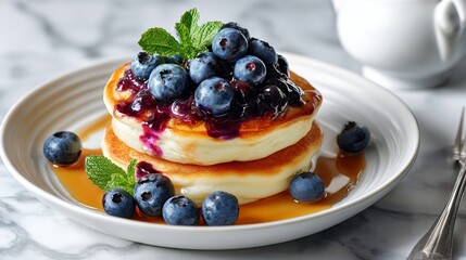 Stack of pancakes with blueberries and whipped cream on top. The pancakes are topped with blueberries and whipped cream, and the plate is set on a marble counter