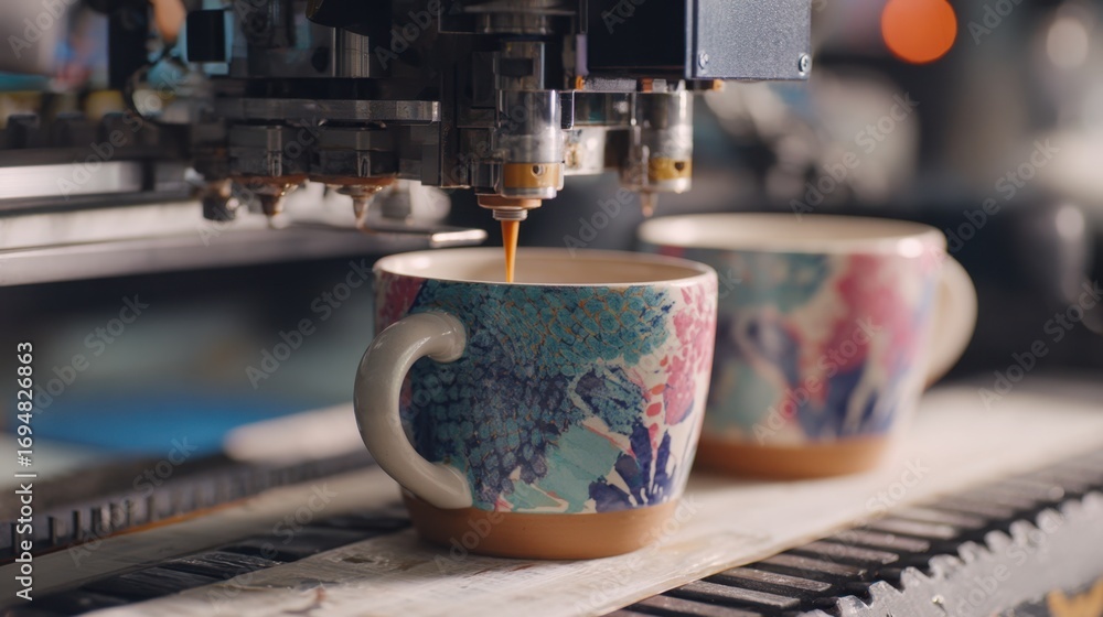 Poster medium shot showcasing a printer applying a custom design onto a ceramic mug with the mugs surface i