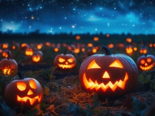Obraz premium Halloween pumpkins lit up at night in a field under a starry sky.