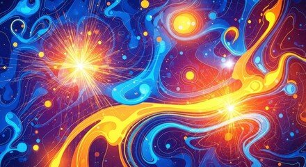 Vibrant abstract composition with swirling blue purple and orange forms accented by glowing yellow light bursts and scattered colorful speckles